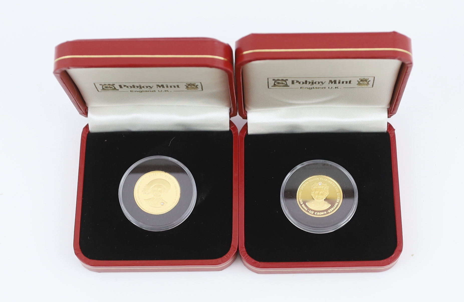 Gold coins - Two Pobjoy mint Isle of Man proof gold 1/5 crown coins, each 6.22g, 999.9/1000 purity